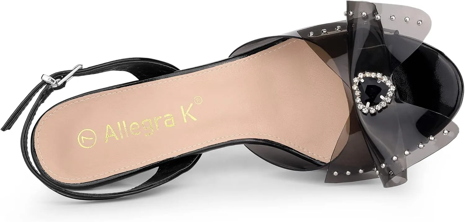 Allegra K Women's Cute Bow Rhinestone Crystal Embellished Peep Toe Slingback Stiletto Heels Sandals