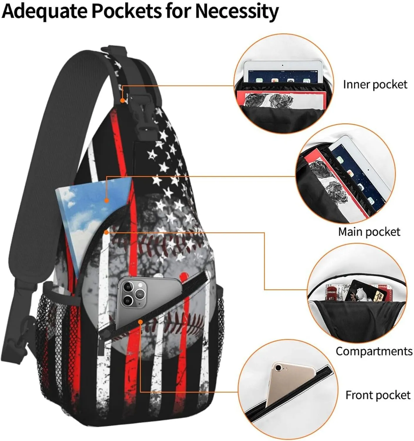 American Flag Baseball Chest Bags Crossbody Sling Bag Shoulder Bag Travel Hiking Daypack For Men Women