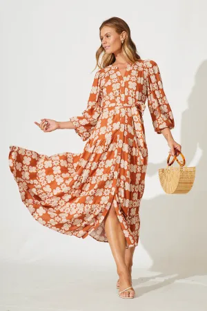 Anouka Maxi Dress In Rust Sun Print Linen Blend