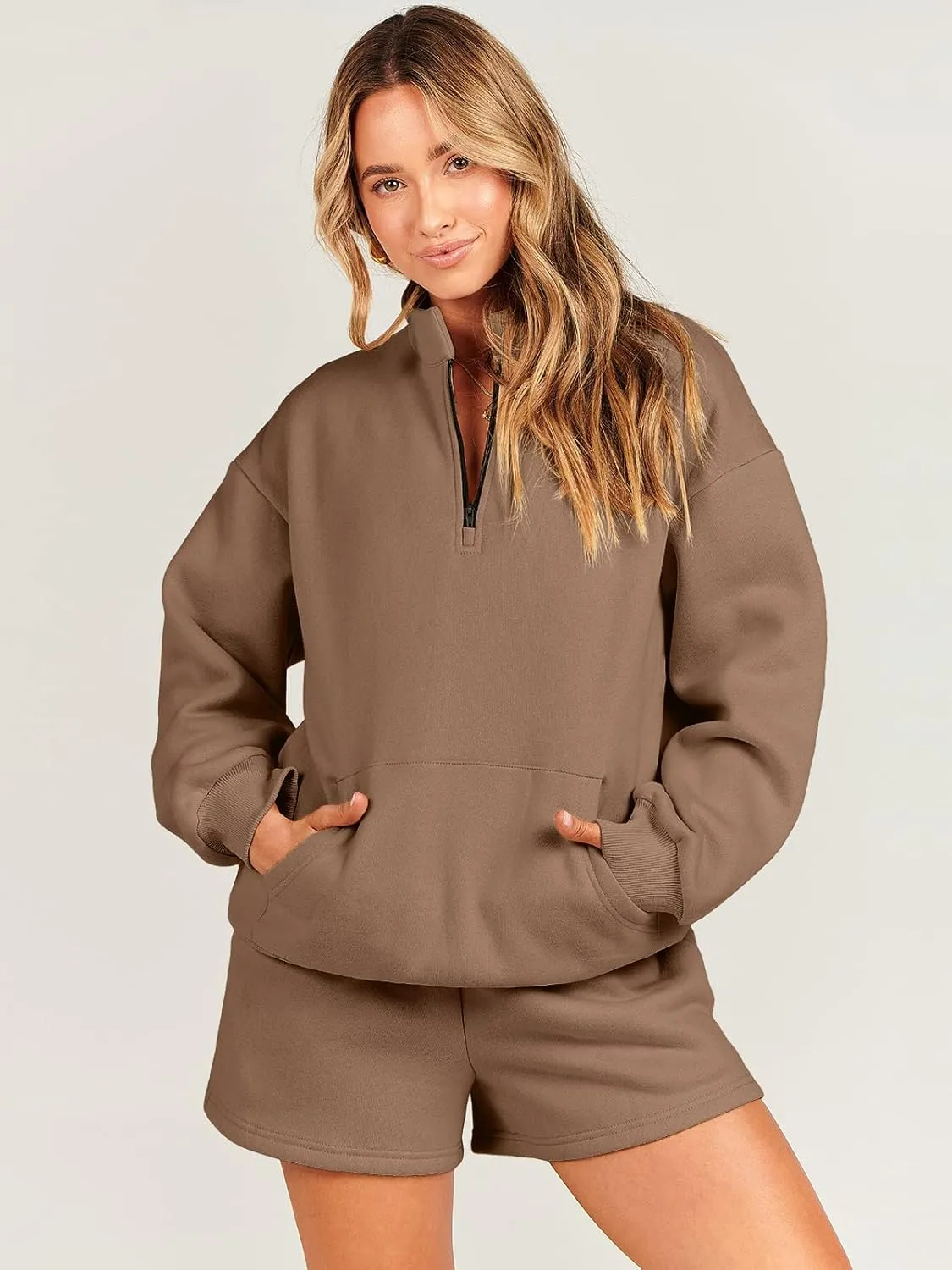 ANRABESS Women 2 Piece Outfits Sweatshirt Shorts Sets 2025 Oversized Casual Lounge Sweat Set Sweatsuit Workout Tracksuit