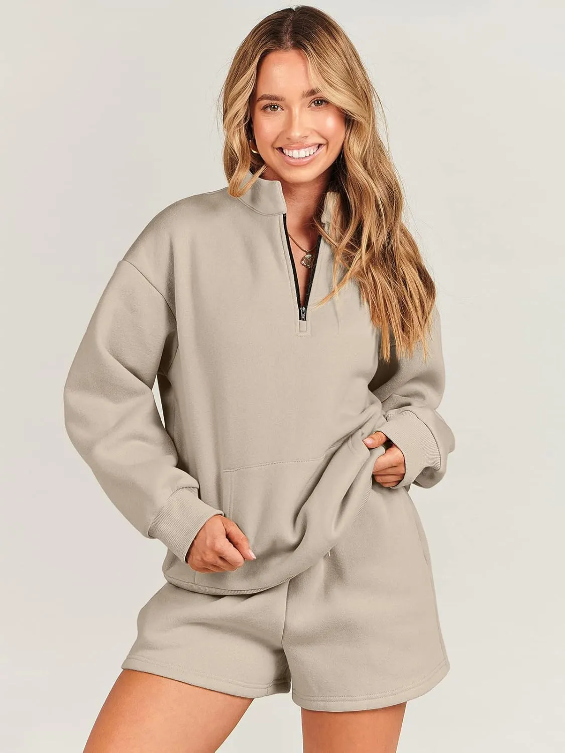 ANRABESS Women 2 Piece Outfits Sweatshirt Shorts Sets 2025 Oversized Casual Lounge Sweat Set Sweatsuit Workout Tracksuit