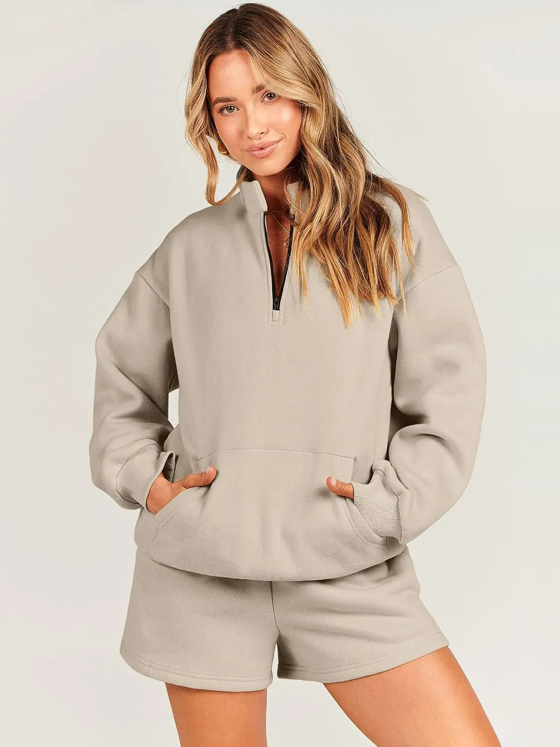 ANRABESS Women 2 Piece Outfits Sweatshirt Shorts Sets 2025 Oversized Casual Lounge Sweat Set Sweatsuit Workout Tracksuit