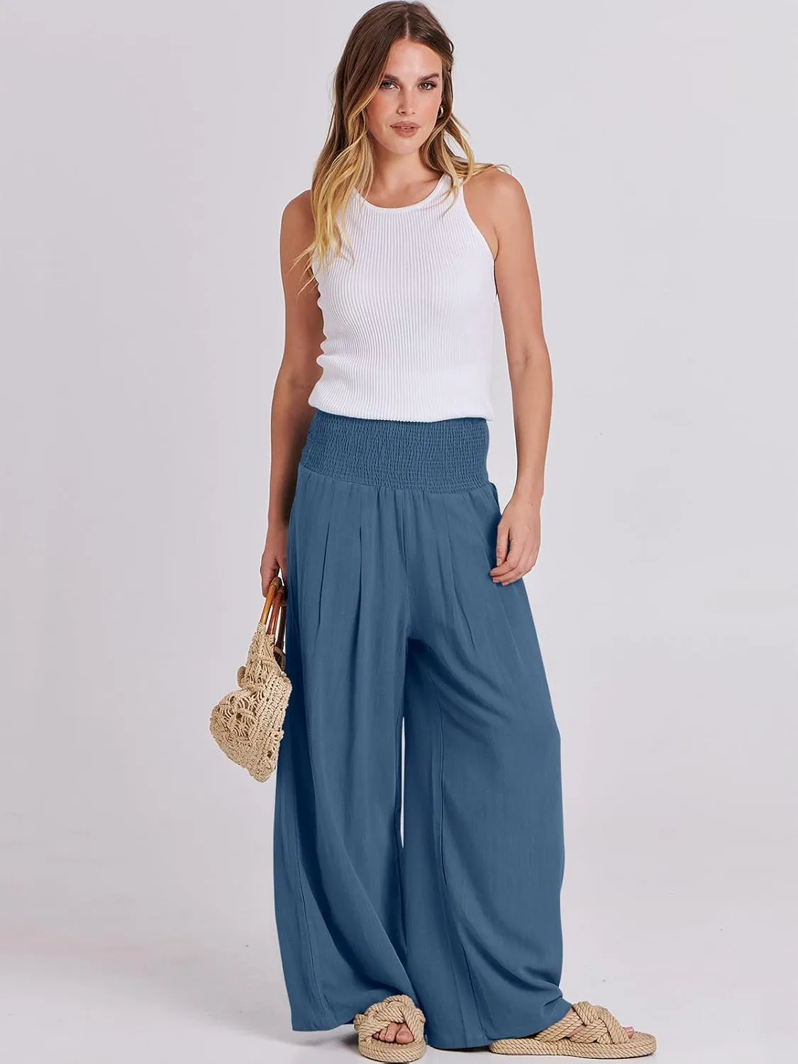 ANRABESS Women Linen Palazzo Pants Summer Boho Wide Leg High Waist Casual Lounge Pant 2025 Beach Travel Vacation Outfits