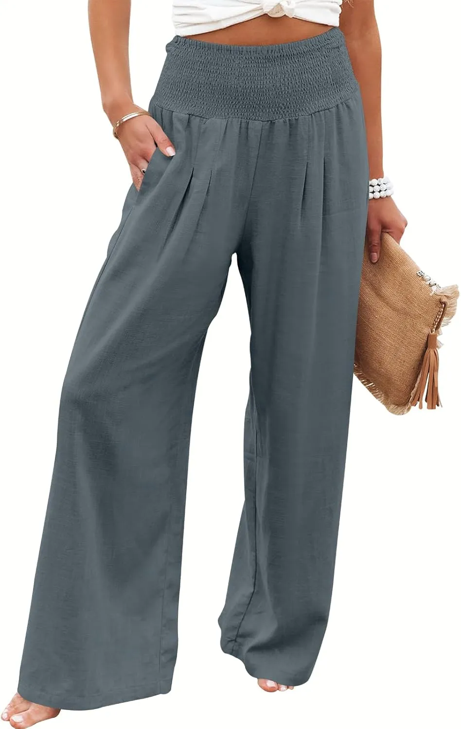 ANRABESS Women Linen Palazzo Pants Summer Boho Wide Leg High Waist Casual Lounge Pant 2025 Beach Travel Vacation Outfits