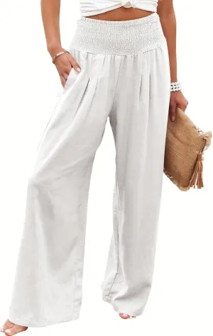 ANRABESS Women Linen Palazzo Pants Summer Boho Wide Leg High Waist Casual Lounge Pant 2025 Beach Travel Vacation Outfits