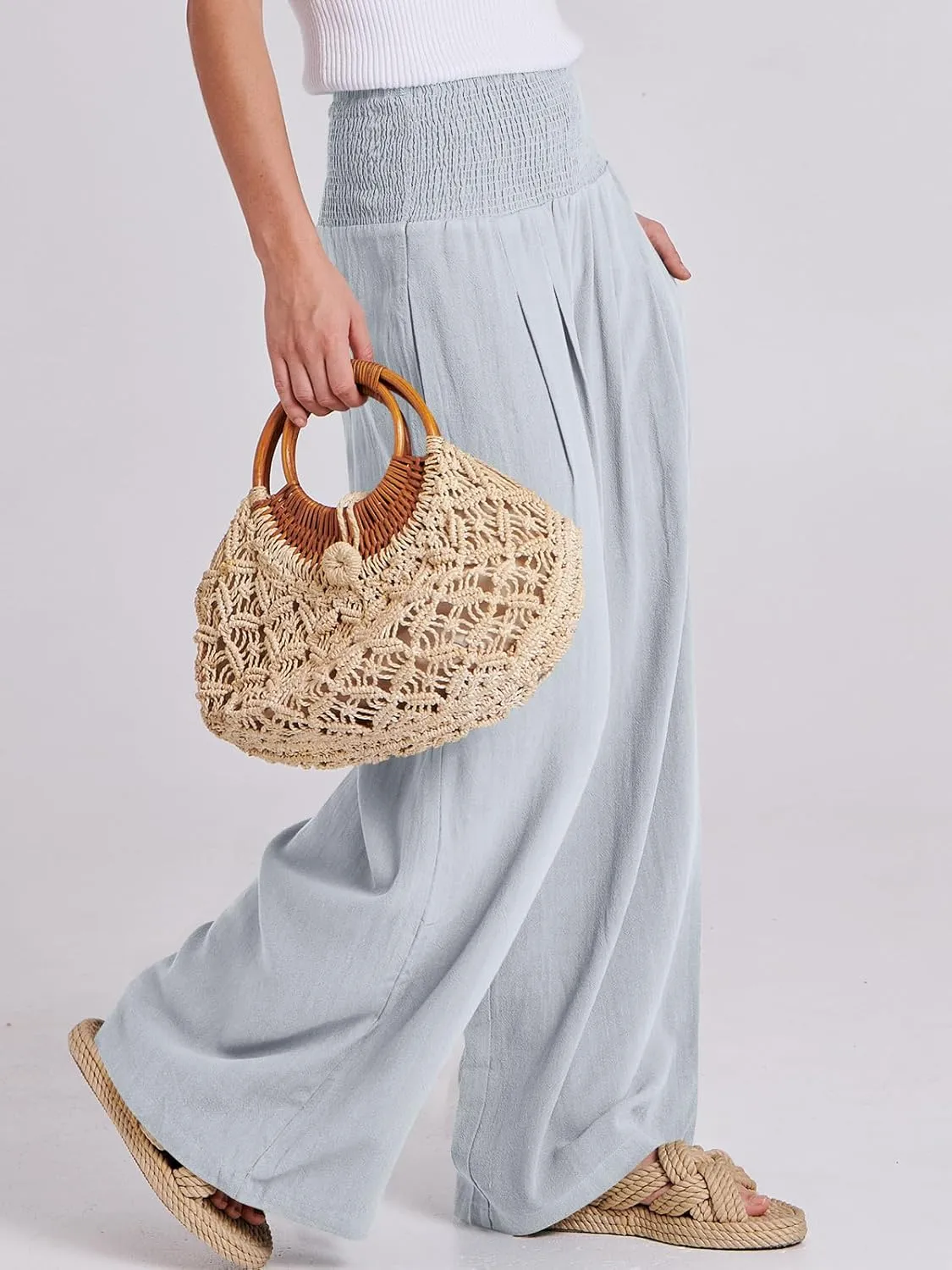 ANRABESS Women Linen Palazzo Pants Summer Boho Wide Leg High Waist Casual Lounge Pant 2025 Beach Travel Vacation Outfits