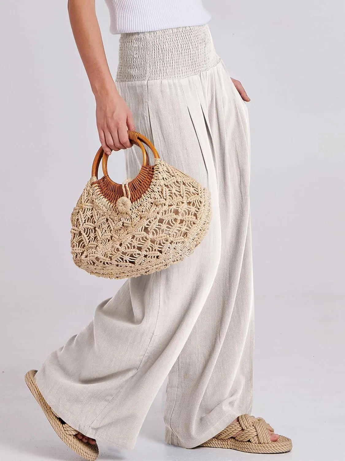 ANRABESS Women Linen Palazzo Pants Summer Boho Wide Leg High Waist Casual Lounge Pant 2025 Beach Travel Vacation Outfits