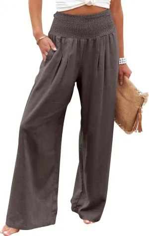 ANRABESS Women Linen Palazzo Pants Summer Boho Wide Leg High Waist Casual Lounge Pant 2025 Beach Travel Vacation Outfits