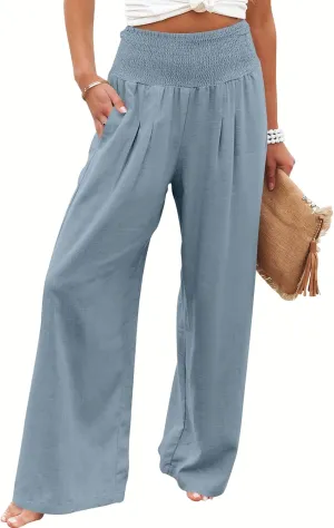 ANRABESS Women Linen Palazzo Pants Summer Boho Wide Leg High Waist Casual Lounge Pant 2025 Beach Travel Vacation Outfits