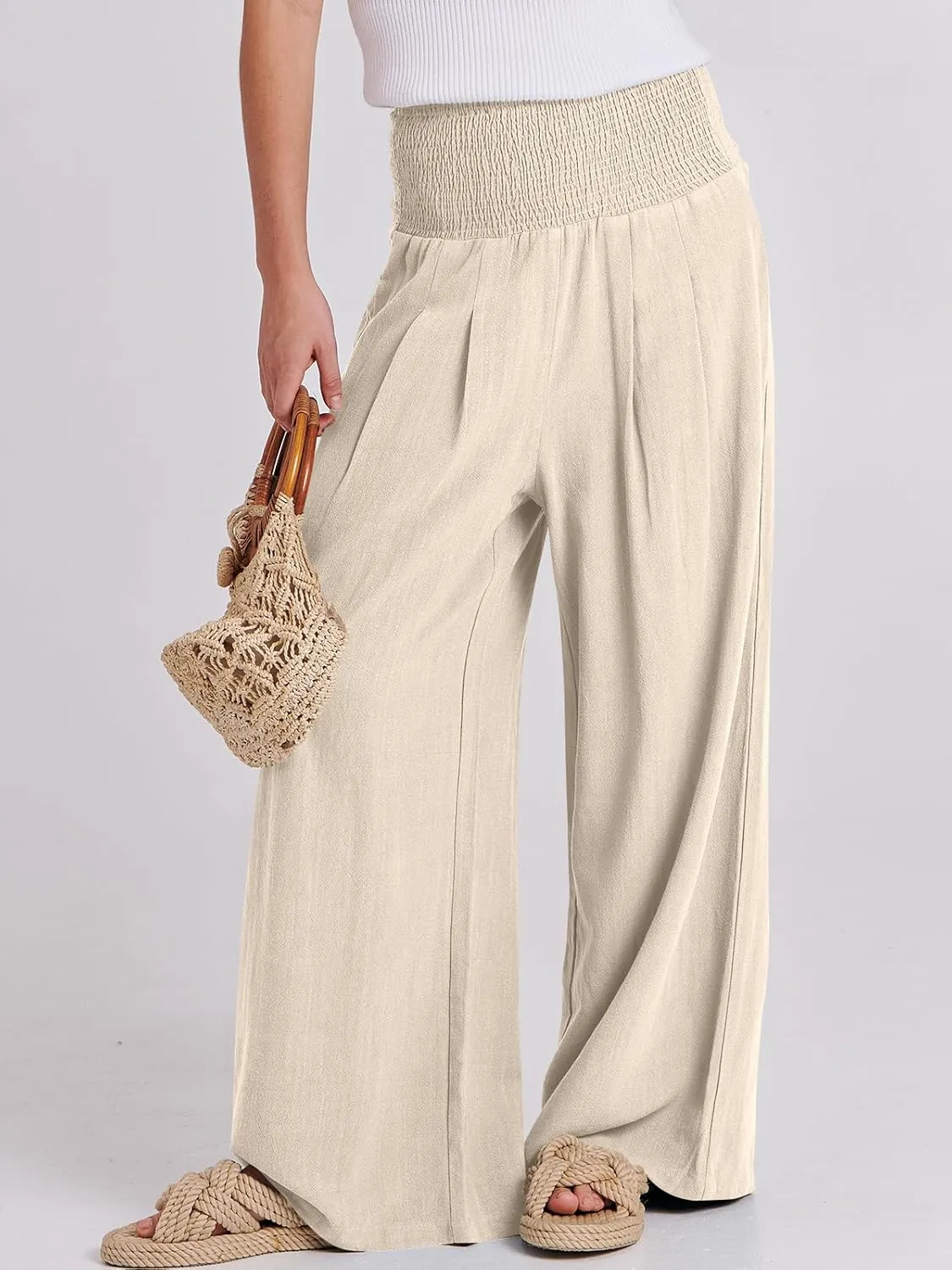 ANRABESS Women Linen Palazzo Pants Summer Boho Wide Leg High Waist Casual Lounge Pant 2025 Beach Travel Vacation Outfits