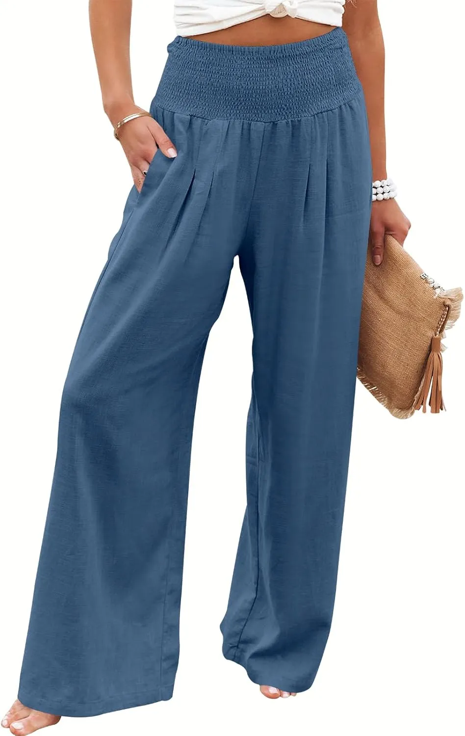 ANRABESS Women Linen Palazzo Pants Summer Boho Wide Leg High Waist Casual Lounge Pant 2025 Beach Travel Vacation Outfits