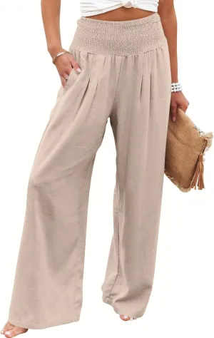 ANRABESS Women Linen Palazzo Pants Summer Boho Wide Leg High Waist Casual Lounge Pant 2025 Beach Travel Vacation Outfits