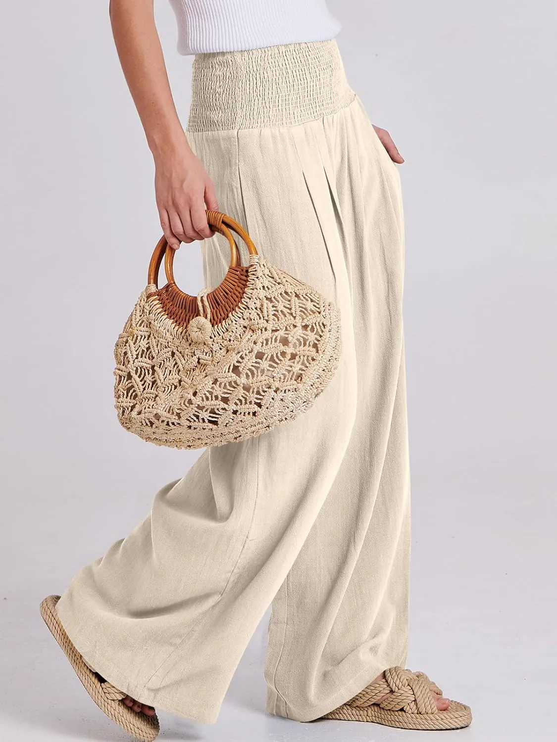 ANRABESS Women Linen Palazzo Pants Summer Boho Wide Leg High Waist Casual Lounge Pant 2025 Beach Travel Vacation Outfits