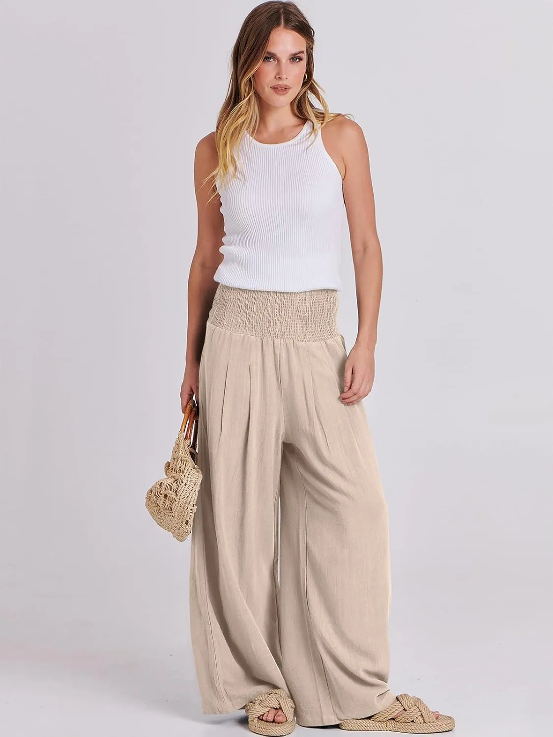 ANRABESS Women Linen Palazzo Pants Summer Boho Wide Leg High Waist Casual Lounge Pant 2025 Beach Travel Vacation Outfits
