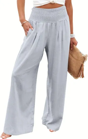 ANRABESS Women Linen Palazzo Pants Summer Boho Wide Leg High Waist Casual Lounge Pant 2025 Beach Travel Vacation Outfits
