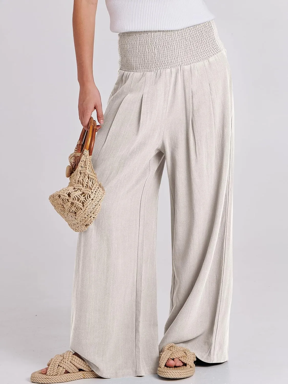 ANRABESS Women Linen Palazzo Pants Summer Boho Wide Leg High Waist Casual Lounge Pant 2025 Beach Travel Vacation Outfits