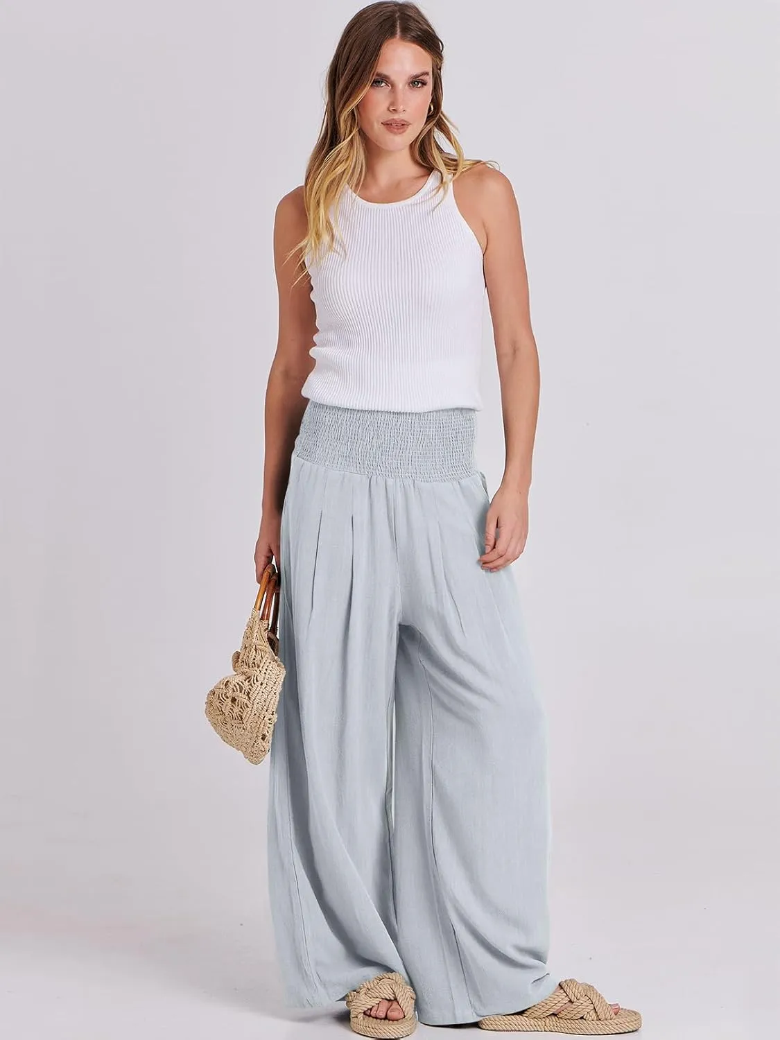 ANRABESS Women Linen Palazzo Pants Summer Boho Wide Leg High Waist Casual Lounge Pant 2025 Beach Travel Vacation Outfits