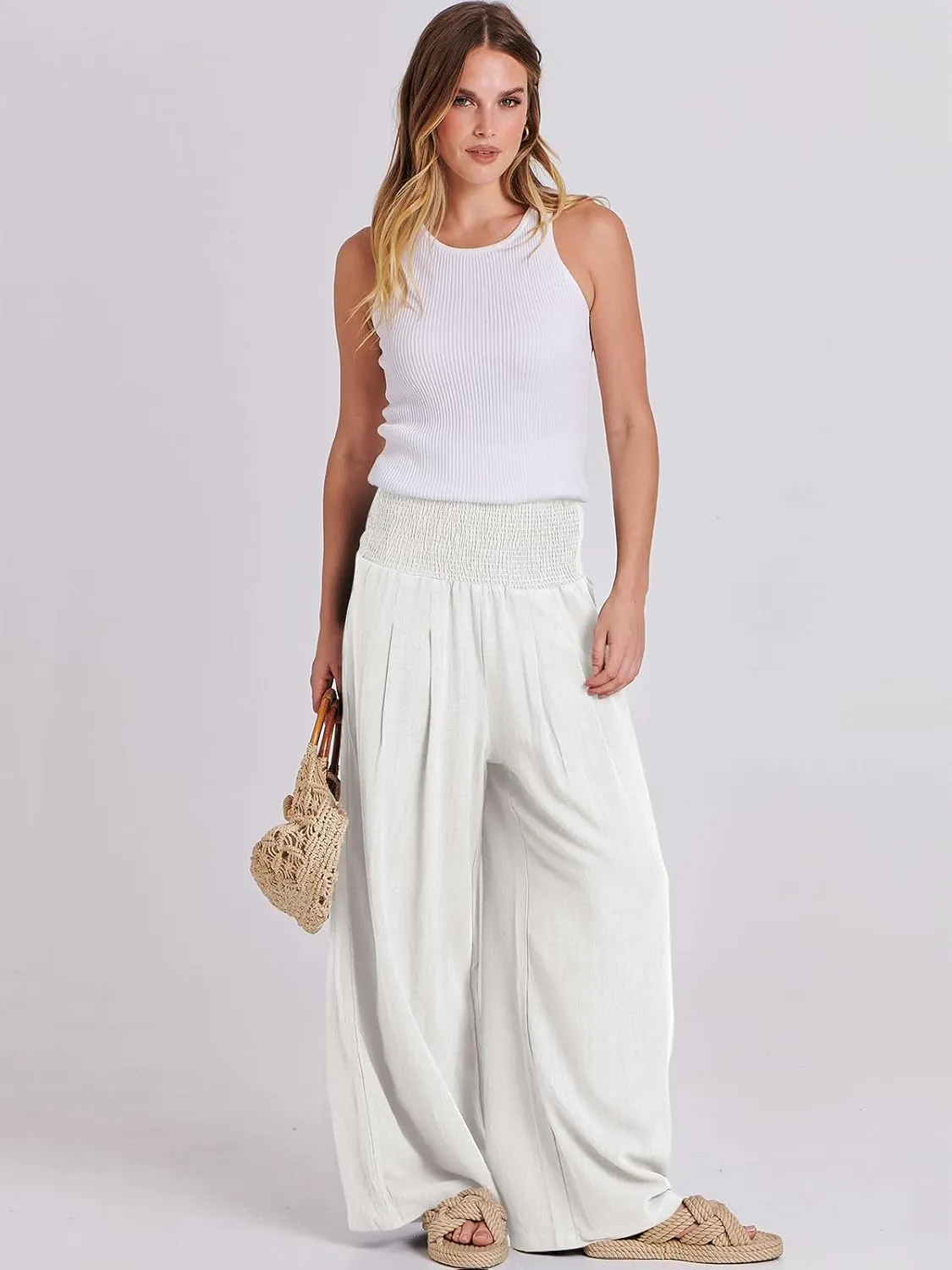 ANRABESS Women Linen Palazzo Pants Summer Boho Wide Leg High Waist Casual Lounge Pant 2025 Beach Travel Vacation Outfits