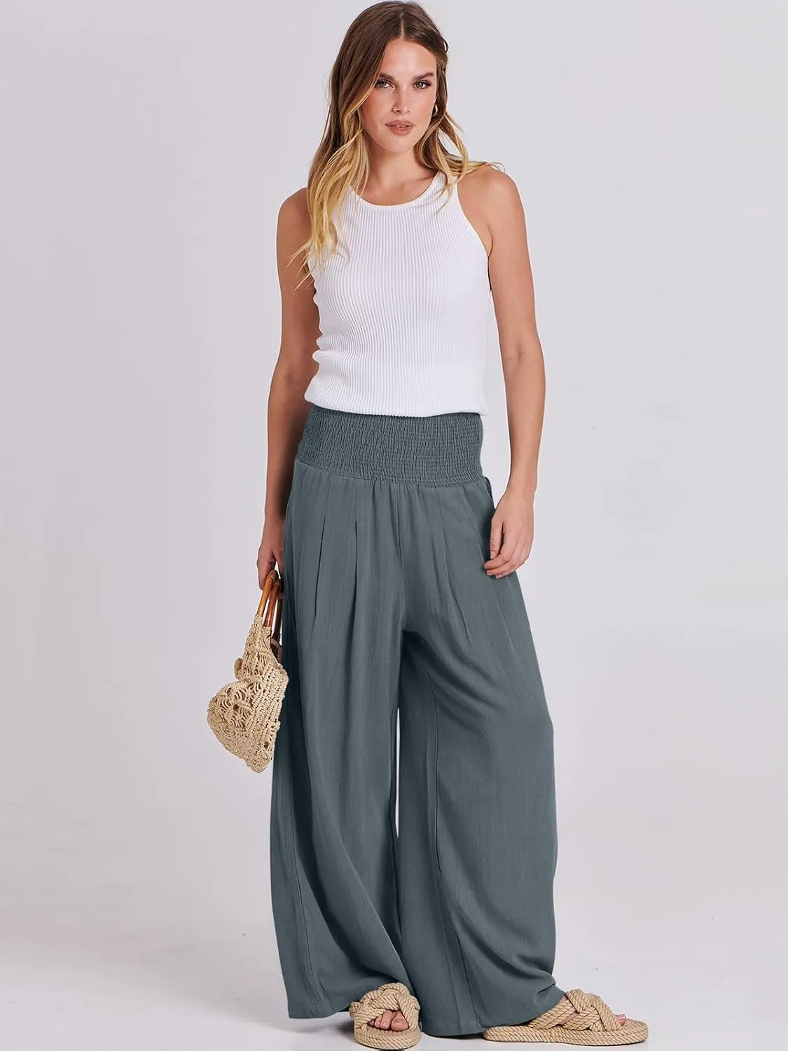 ANRABESS Women Linen Palazzo Pants Summer Boho Wide Leg High Waist Casual Lounge Pant 2025 Beach Travel Vacation Outfits