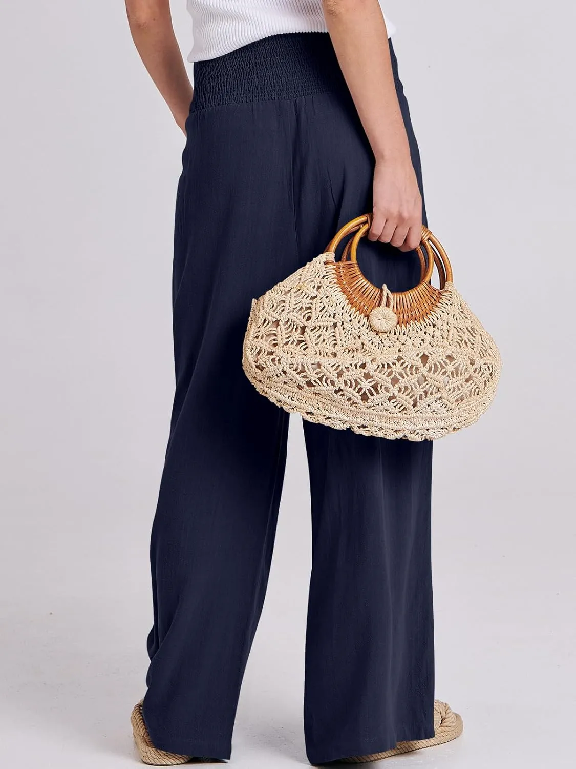 ANRABESS Women Linen Palazzo Pants Summer Boho Wide Leg High Waist Casual Lounge Pant 2025 Beach Travel Vacation Outfits