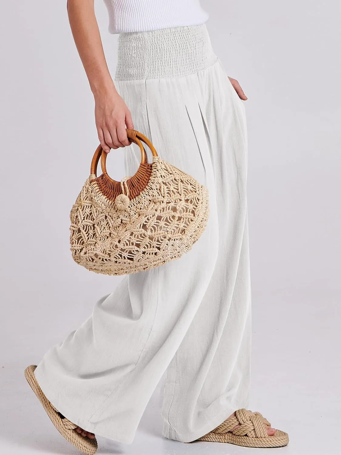 ANRABESS Women Linen Palazzo Pants Summer Boho Wide Leg High Waist Casual Lounge Pant 2025 Beach Travel Vacation Outfits