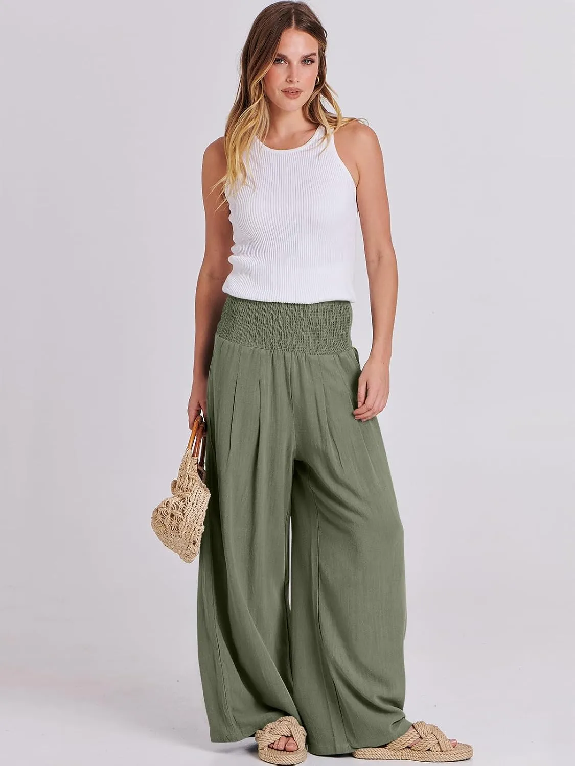 ANRABESS Women Linen Palazzo Pants Summer Boho Wide Leg High Waist Casual Lounge Pant 2025 Beach Travel Vacation Outfits
