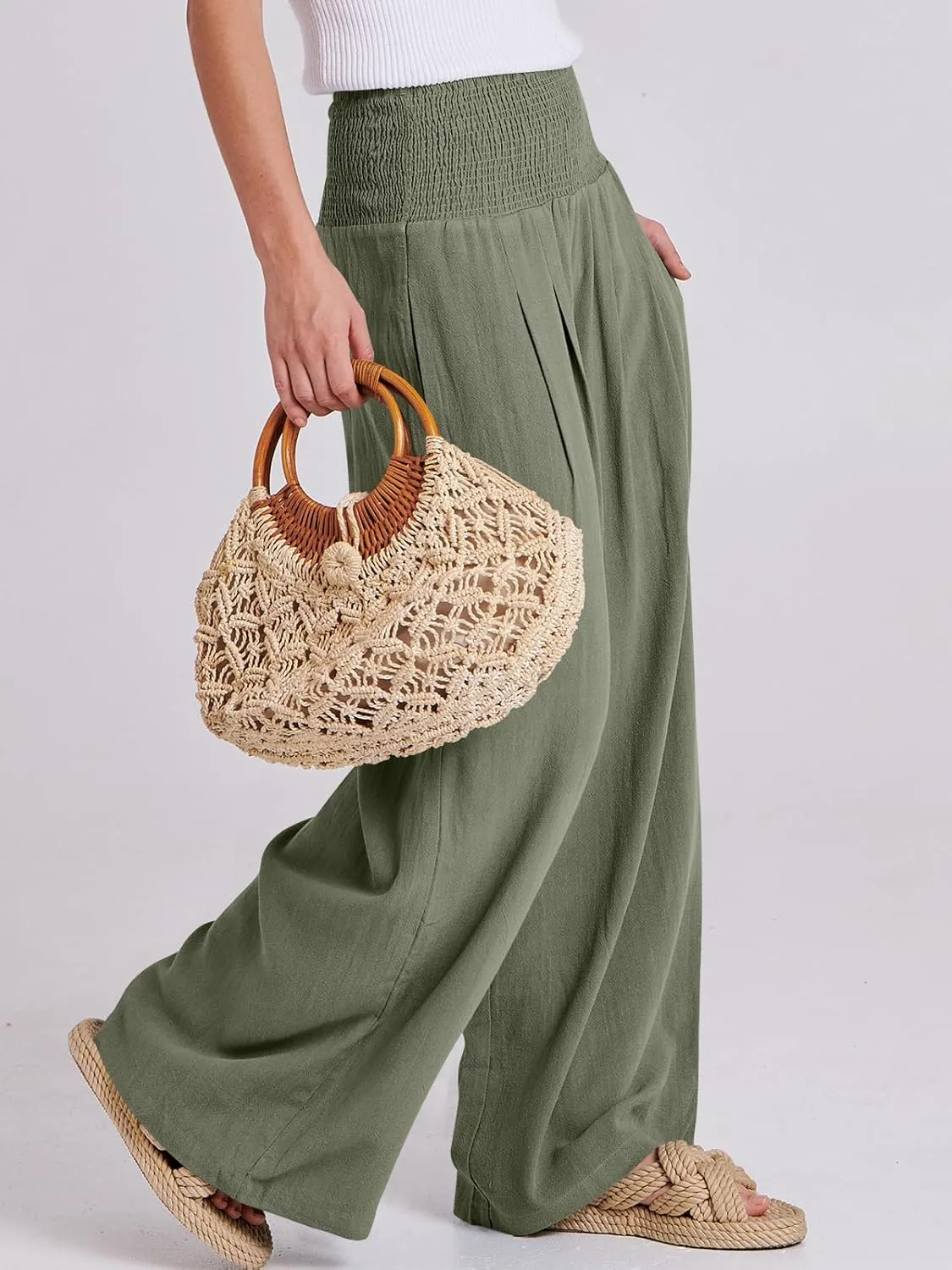 ANRABESS Women Linen Palazzo Pants Summer Boho Wide Leg High Waist Casual Lounge Pant 2025 Beach Travel Vacation Outfits
