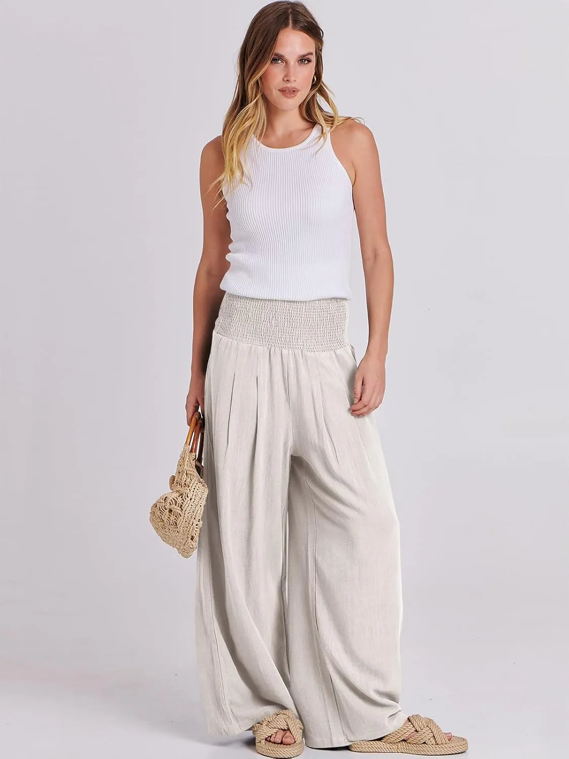 ANRABESS Women Linen Palazzo Pants Summer Boho Wide Leg High Waist Casual Lounge Pant 2025 Beach Travel Vacation Outfits