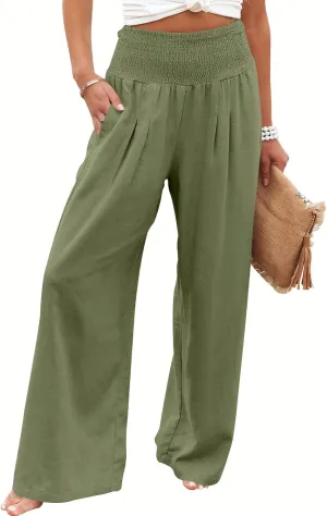 ANRABESS Women Linen Palazzo Pants Summer Boho Wide Leg High Waist Casual Lounge Pant 2025 Beach Travel Vacation Outfits