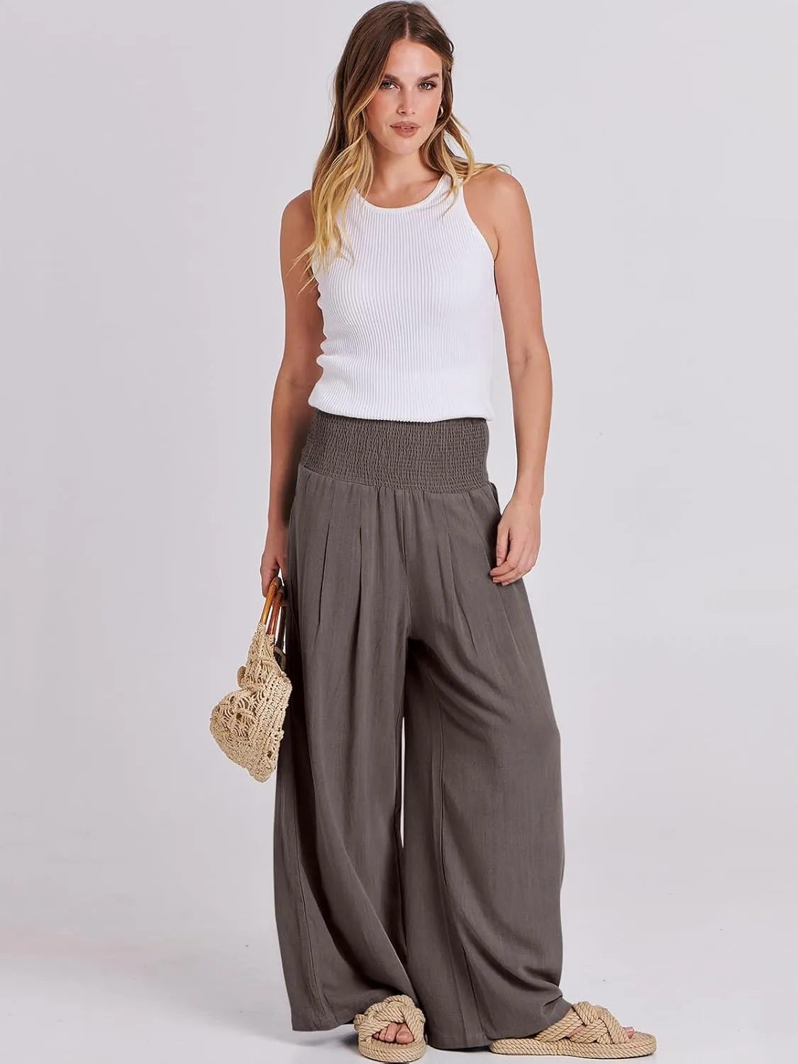 ANRABESS Women Linen Palazzo Pants Summer Boho Wide Leg High Waist Casual Lounge Pant 2025 Beach Travel Vacation Outfits