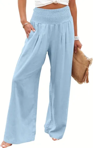 ANRABESS Women Linen Palazzo Pants Summer Boho Wide Leg High Waist Casual Lounge Pant 2025 Beach Travel Vacation Outfits