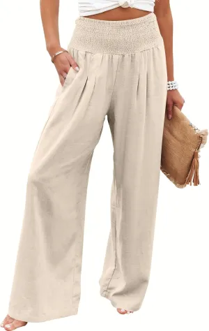 ANRABESS Women Linen Palazzo Pants Summer Boho Wide Leg High Waist Casual Lounge Pant 2025 Beach Travel Vacation Outfits