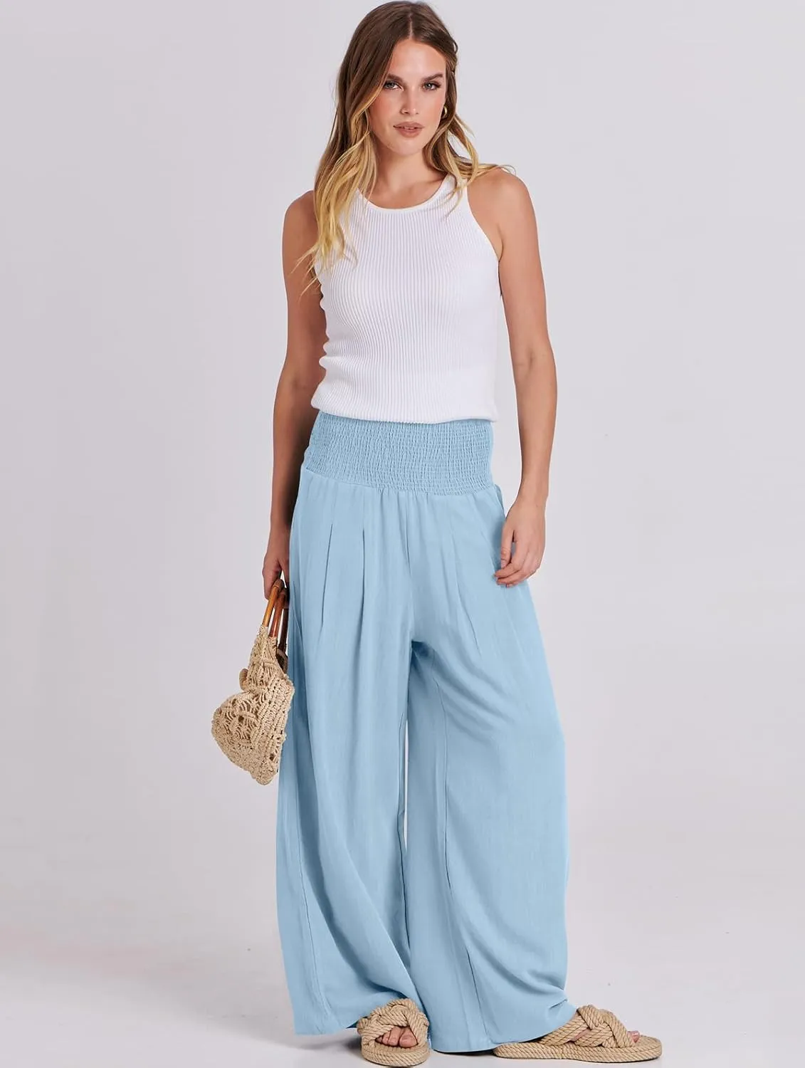 ANRABESS Women Linen Palazzo Pants Summer Boho Wide Leg High Waist Casual Lounge Pant 2025 Beach Travel Vacation Outfits