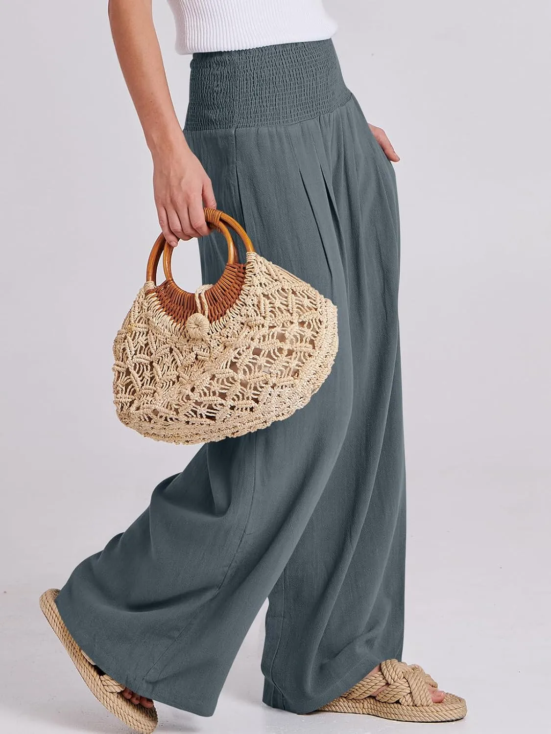 ANRABESS Women Linen Palazzo Pants Summer Boho Wide Leg High Waist Casual Lounge Pant 2025 Beach Travel Vacation Outfits
