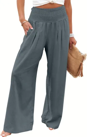 ANRABESS Women Linen Palazzo Pants Summer Boho Wide Leg High Waist Casual Lounge Pant 2025 Beach Travel Vacation Outfits