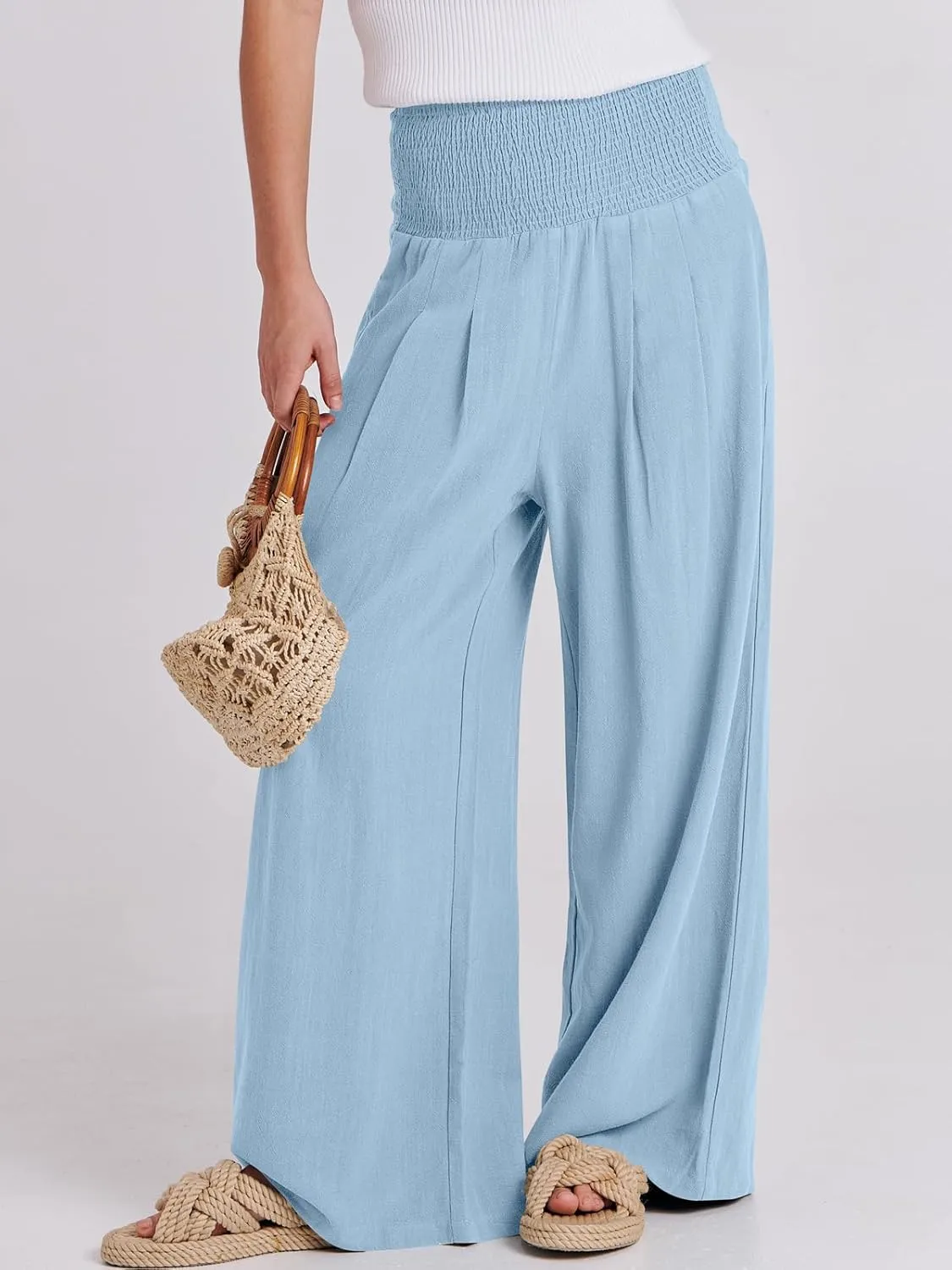 ANRABESS Women Linen Palazzo Pants Summer Boho Wide Leg High Waist Casual Lounge Pant 2025 Beach Travel Vacation Outfits