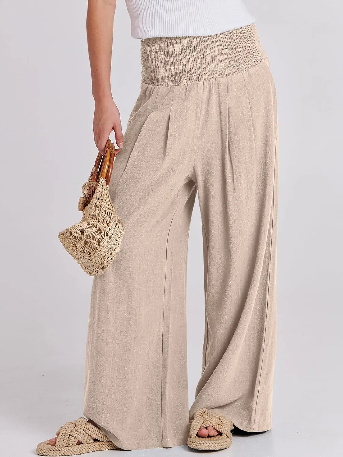 ANRABESS Women Linen Palazzo Pants Summer Boho Wide Leg High Waist Casual Lounge Pant 2025 Beach Travel Vacation Outfits