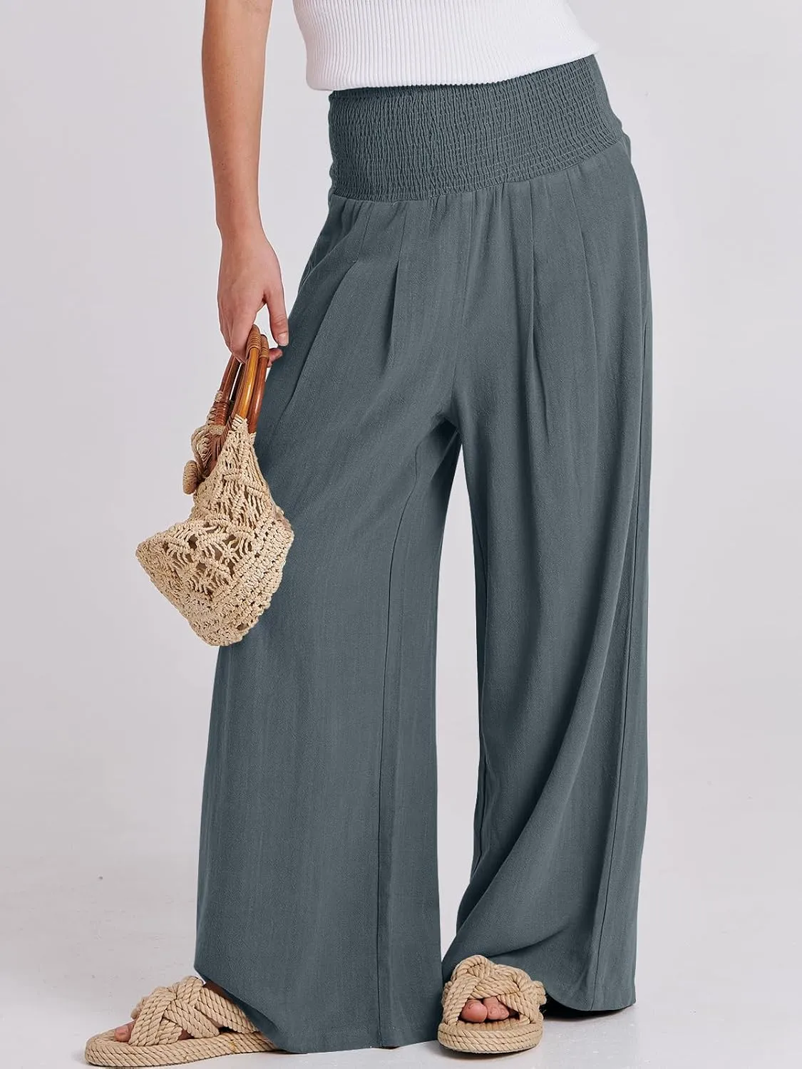 ANRABESS Women Linen Palazzo Pants Summer Boho Wide Leg High Waist Casual Lounge Pant 2025 Beach Travel Vacation Outfits