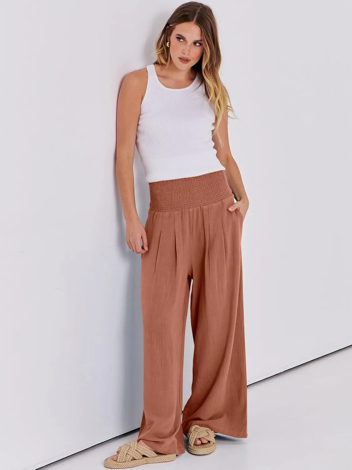 ANRABESS Women Linen Palazzo Pants Summer Boho Wide Leg High Waist Casual Lounge Pant 2025 Beach Travel Vacation Outfits