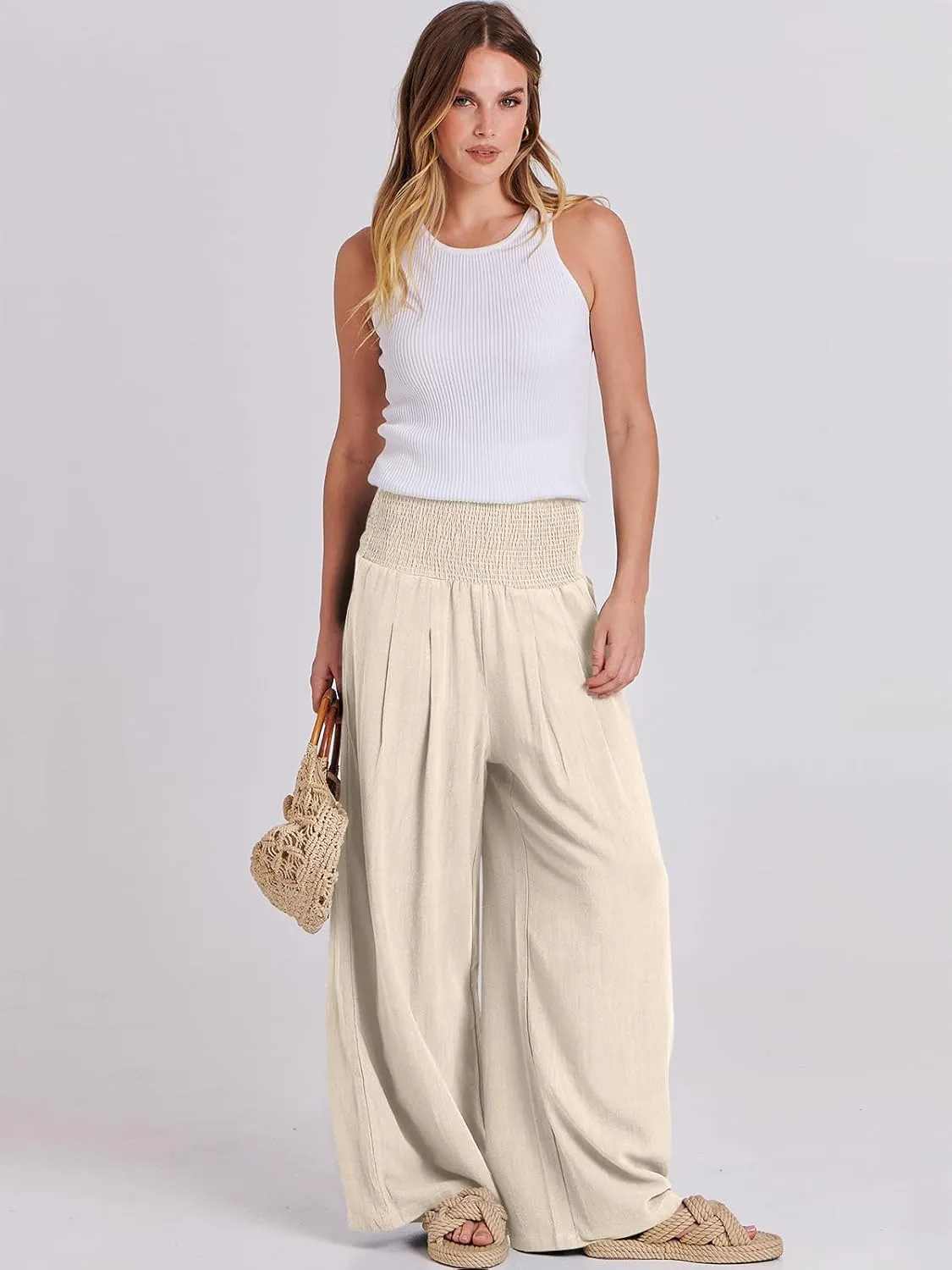 ANRABESS Women Linen Palazzo Pants Summer Boho Wide Leg High Waist Casual Lounge Pant 2025 Beach Travel Vacation Outfits