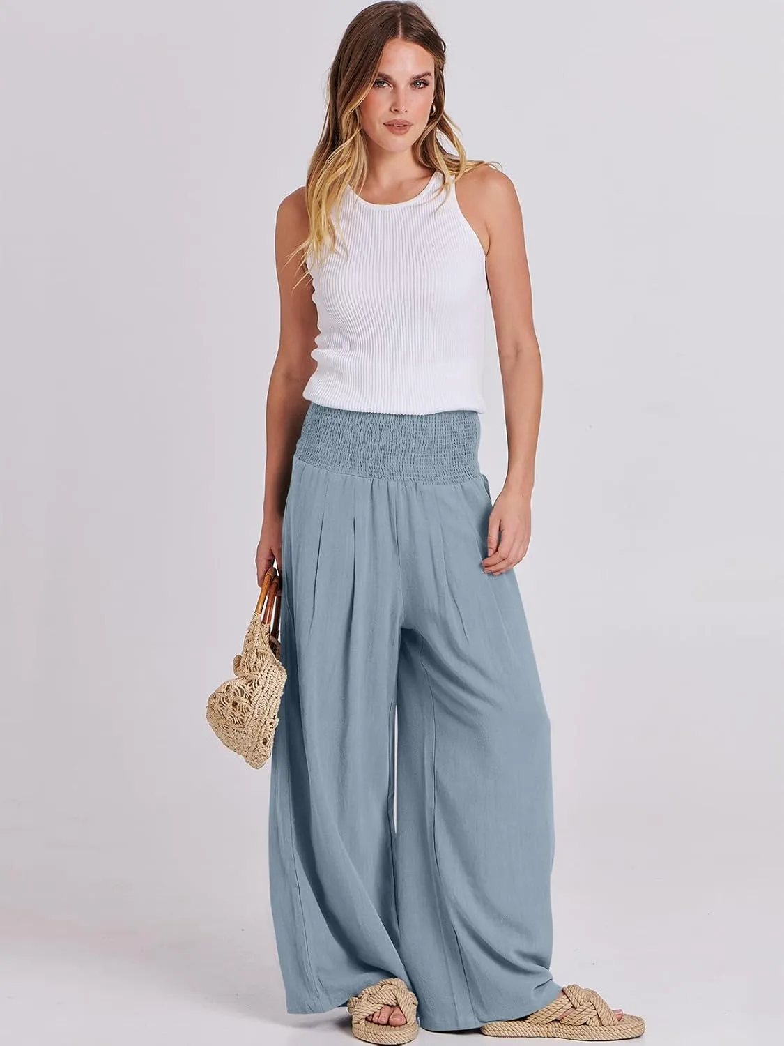 ANRABESS Women Linen Palazzo Pants Summer Boho Wide Leg High Waist Casual Lounge Pant 2025 Beach Travel Vacation Outfits