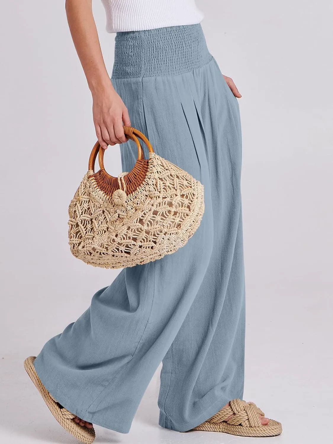 ANRABESS Women Linen Palazzo Pants Summer Boho Wide Leg High Waist Casual Lounge Pant 2025 Beach Travel Vacation Outfits