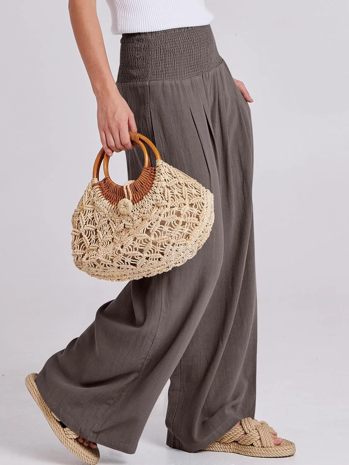 ANRABESS Women Linen Palazzo Pants Summer Boho Wide Leg High Waist Casual Lounge Pant 2025 Beach Travel Vacation Outfits
