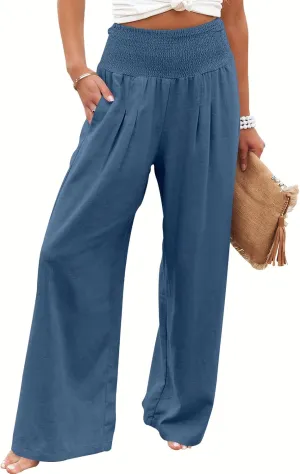 ANRABESS Women Linen Palazzo Pants Summer Boho Wide Leg High Waist Casual Lounge Pant 2025 Beach Travel Vacation Outfits