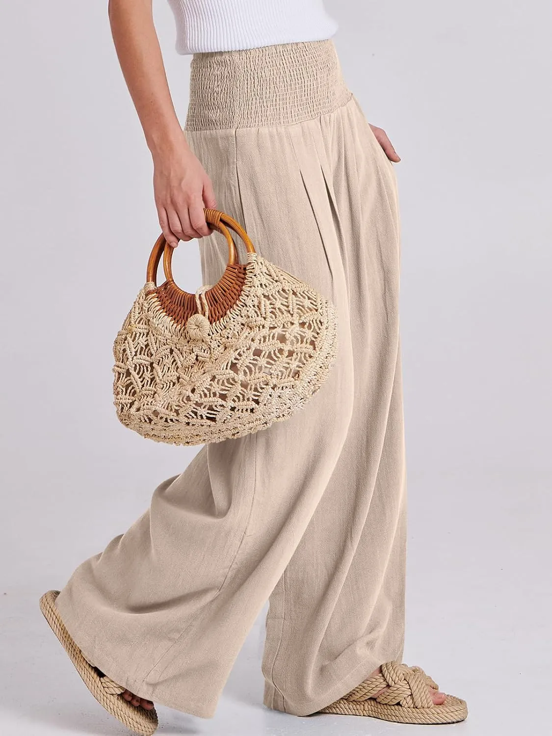ANRABESS Women Linen Palazzo Pants Summer Boho Wide Leg High Waist Casual Lounge Pant 2025 Beach Travel Vacation Outfits