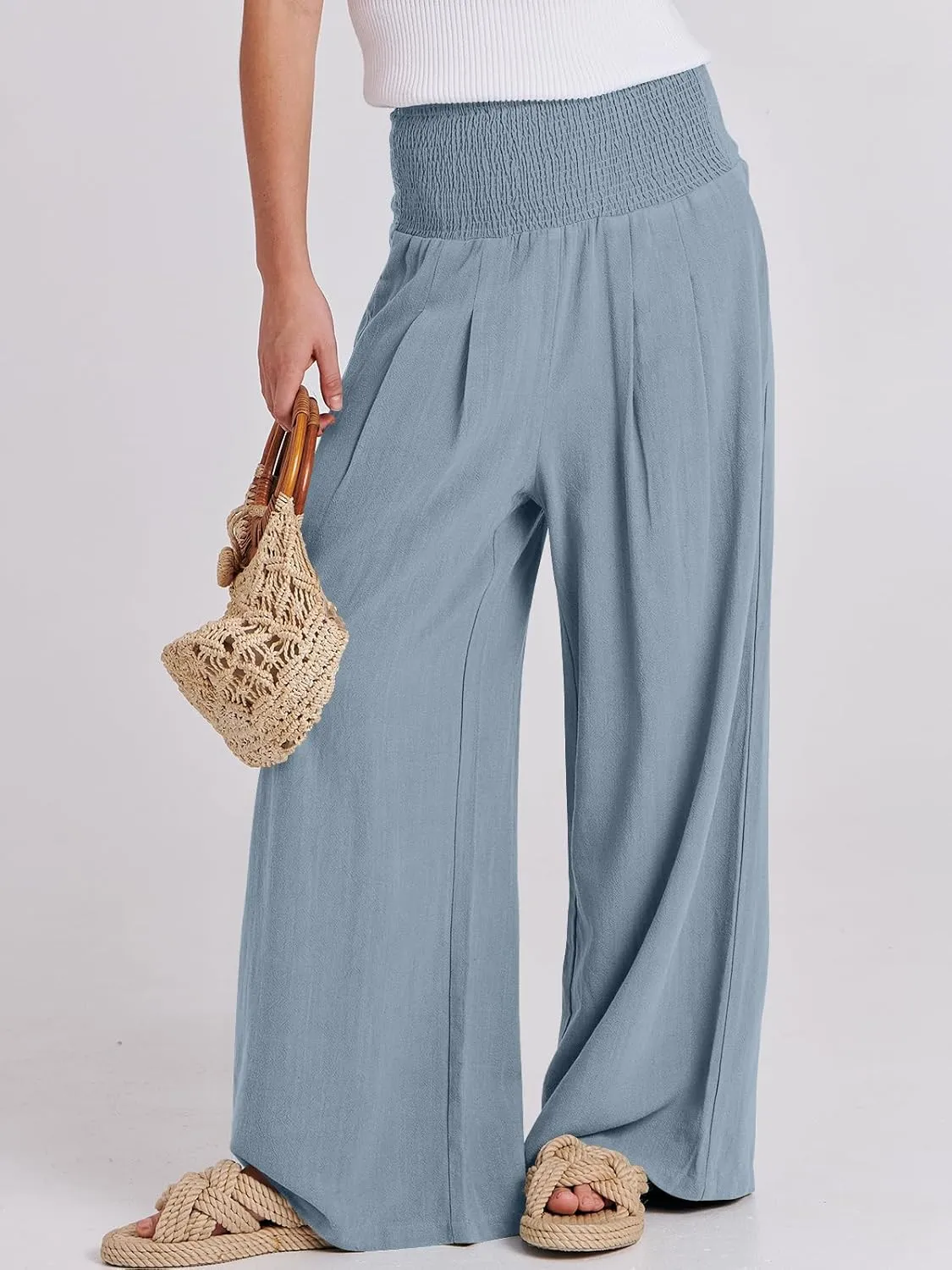 ANRABESS Women Linen Palazzo Pants Summer Boho Wide Leg High Waist Casual Lounge Pant 2025 Beach Travel Vacation Outfits