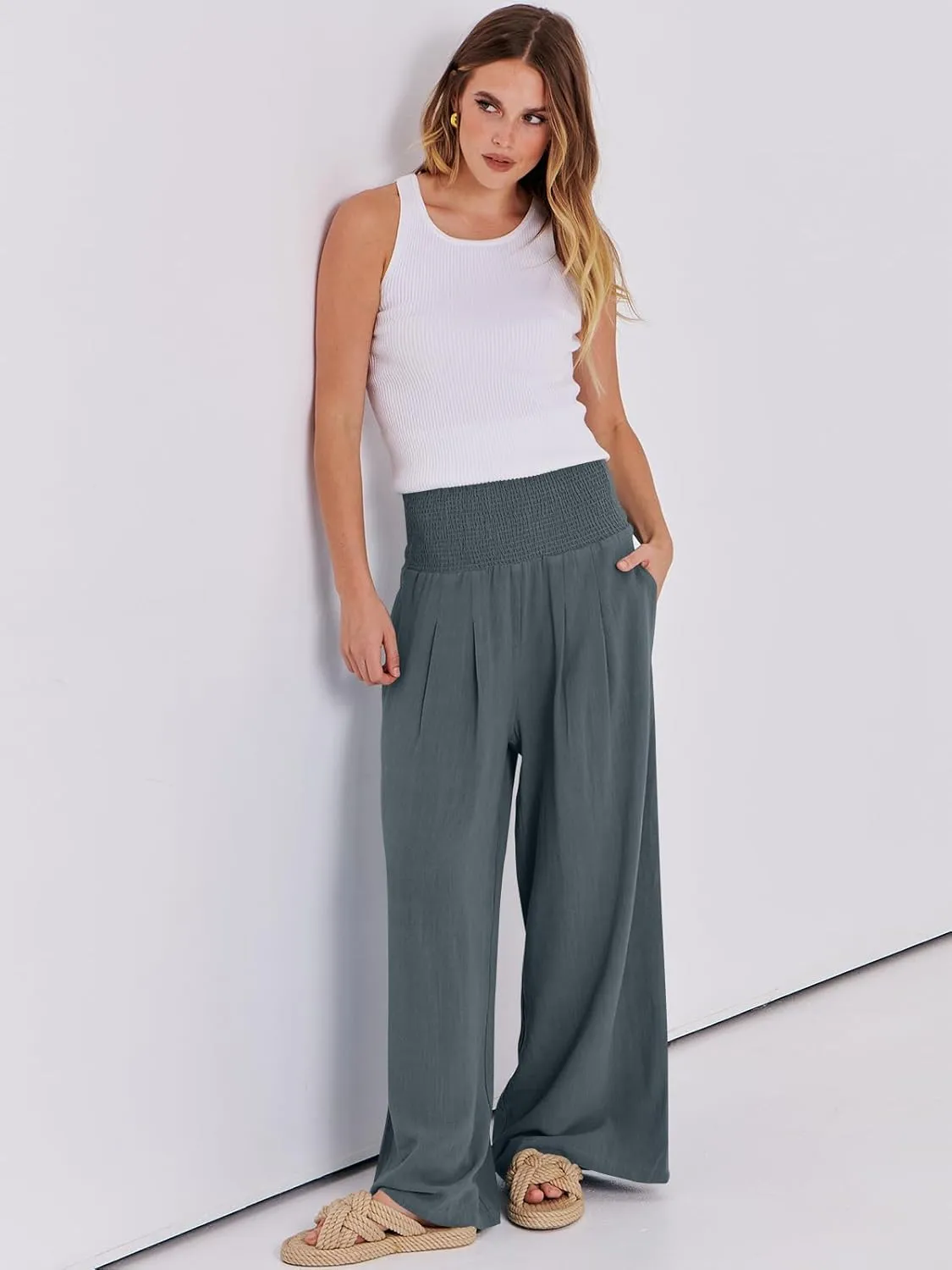 ANRABESS Women Linen Palazzo Pants Summer Boho Wide Leg High Waist Casual Lounge Pant 2025 Beach Travel Vacation Outfits