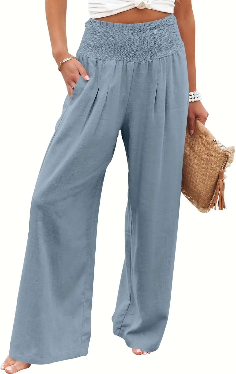 ANRABESS Women Linen Palazzo Pants Summer Boho Wide Leg High Waist Casual Lounge Pant 2025 Beach Travel Vacation Outfits