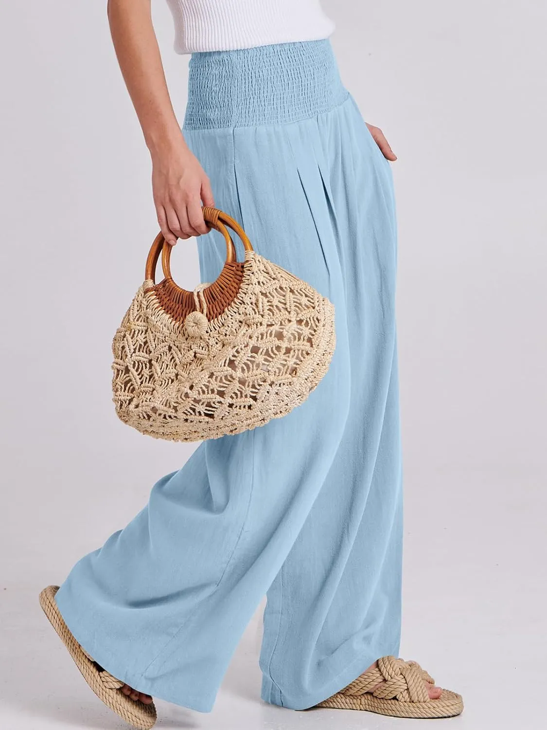 ANRABESS Women Linen Palazzo Pants Summer Boho Wide Leg High Waist Casual Lounge Pant 2025 Beach Travel Vacation Outfits