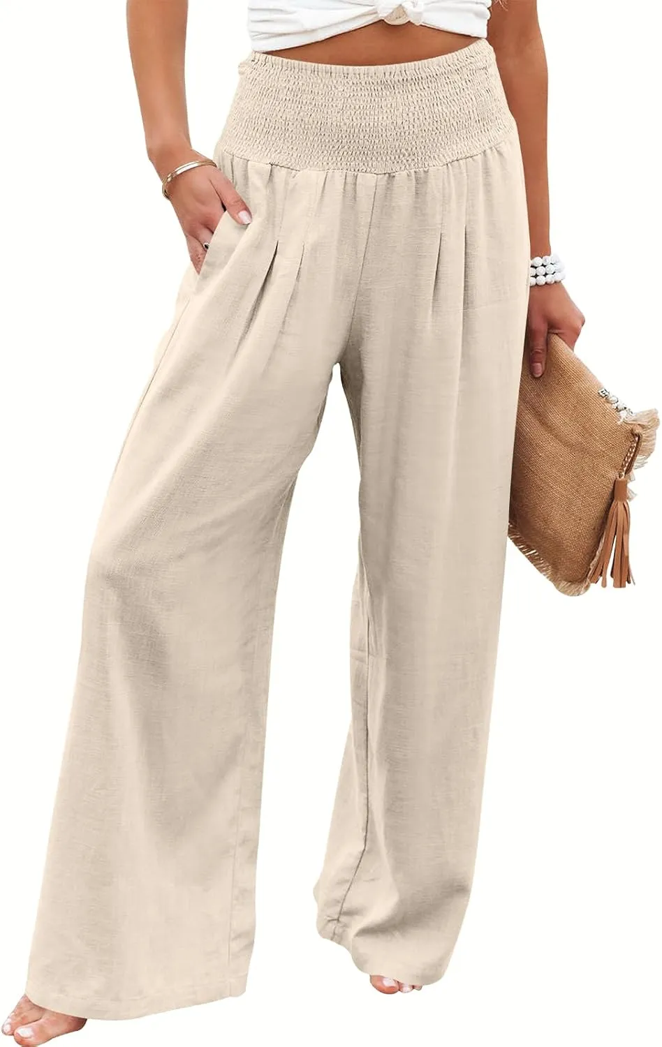 ANRABESS Women Linen Palazzo Pants Summer Boho Wide Leg High Waist Casual Lounge Pant 2025 Beach Travel Vacation Outfits